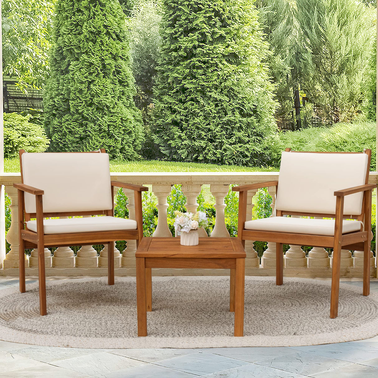Flamaker Patio Chairs 3 Piece Acacia Wood Patio Furniture with Coffee Table & Cushions Outdoor Conversation Set Balcony Chairs for Porch, Deck, Flamaker