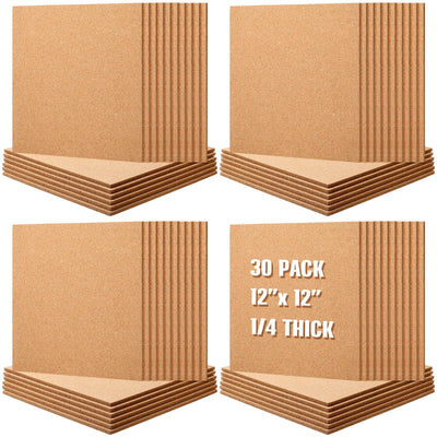 Kosiz 30 Pack Cork Board for Wall 12" x 12", 1/4" Thick Square Cork Board Tiles Brown Bulletin Corkboards with 150 Self Adhesive for Office Home and