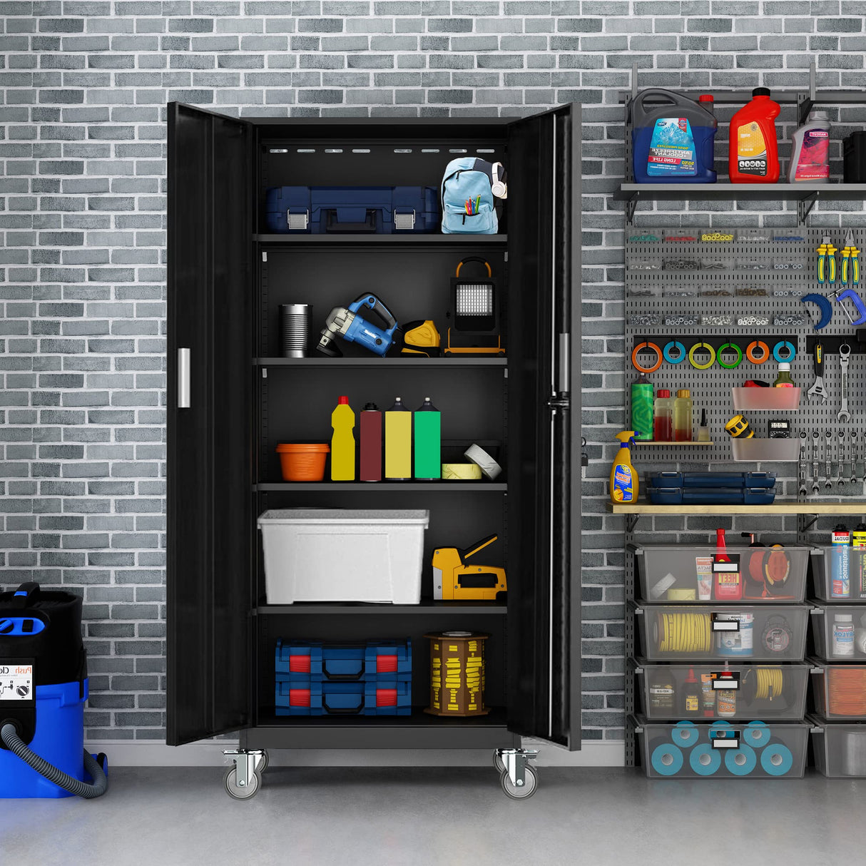 Metal Storage Cabinets Locker for Home Office, 72" Garage Storage Cabinet with Wheels, Lockable Door & Adjustable Shelves, Tall Large Steel Cabinet Gwichomo