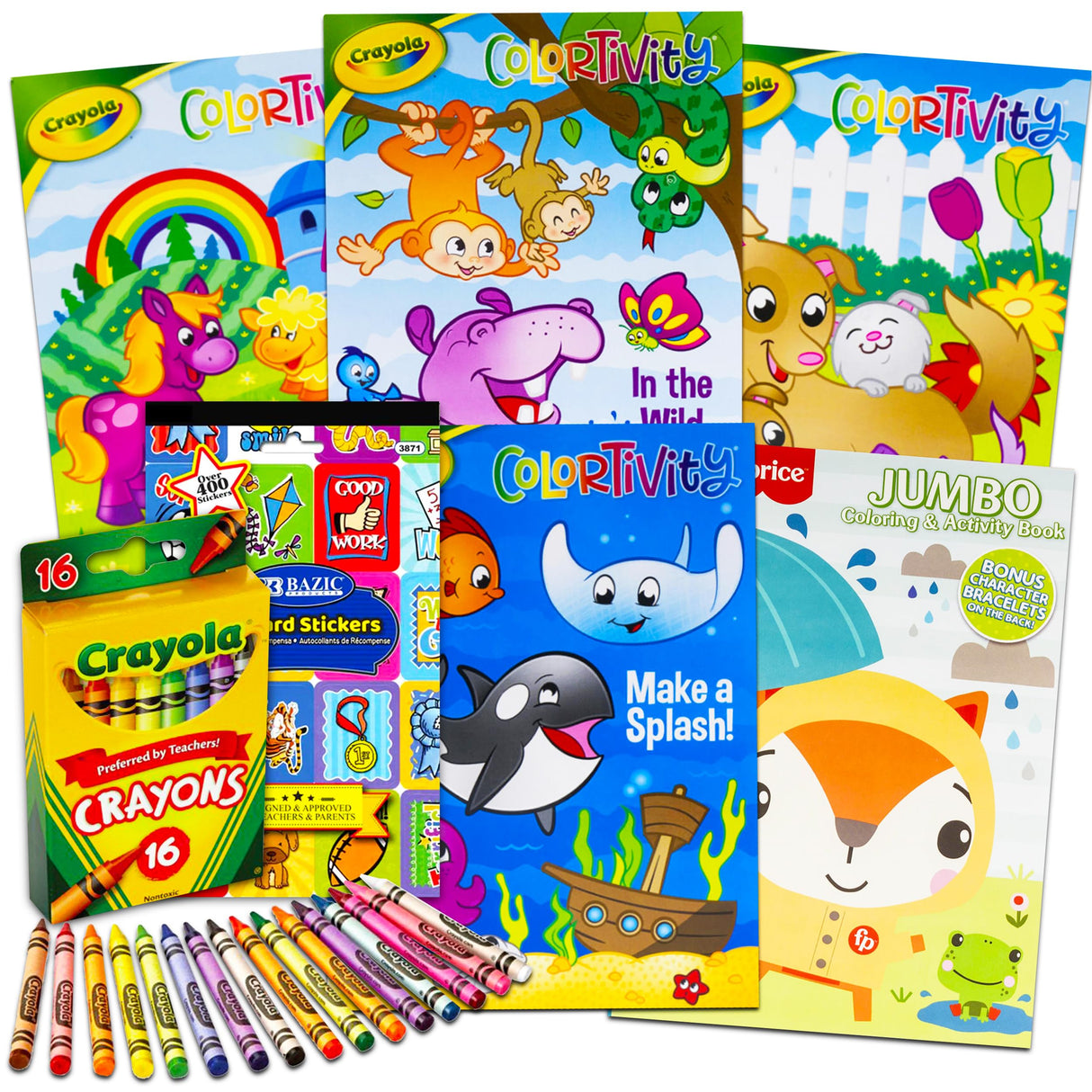 Crayola Coloring Books for Kids, Toddlers with Learning Set Bundle - 13 Pc Animal Coloring Activity Books with Crayons Jumbo and Stickers Crayola
