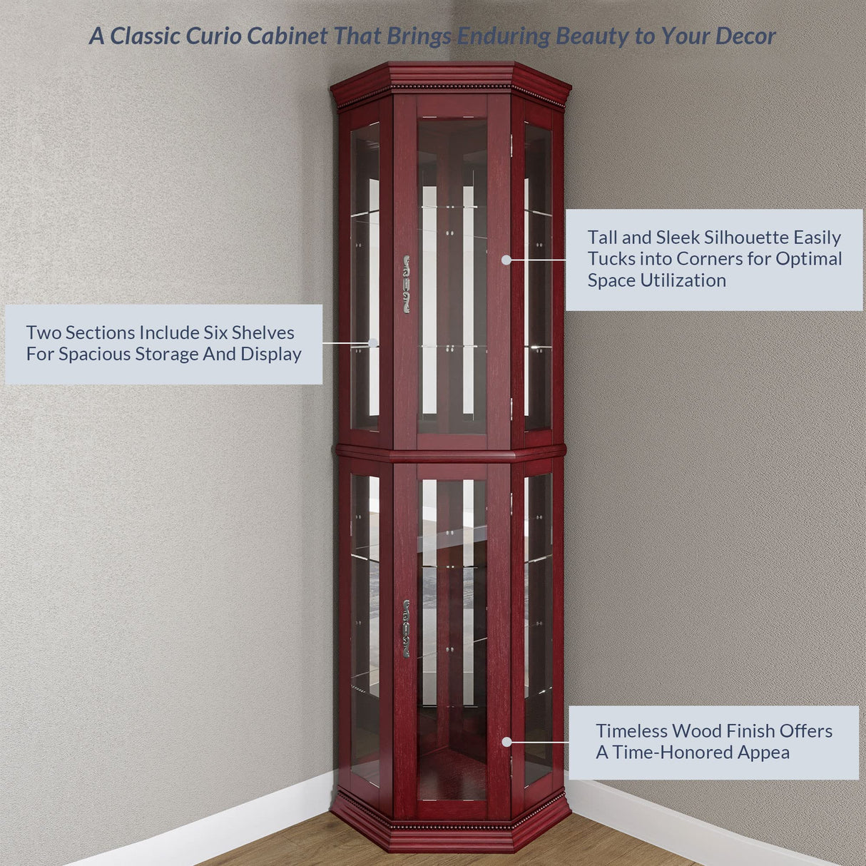 BELLEZE Lighted Wooden Corner Display Curio Cabinet, Two Section Shelving Unit with Tempered Glass Door, Bar and Liquor Storage Area with 6 Shelves - BELLEZE