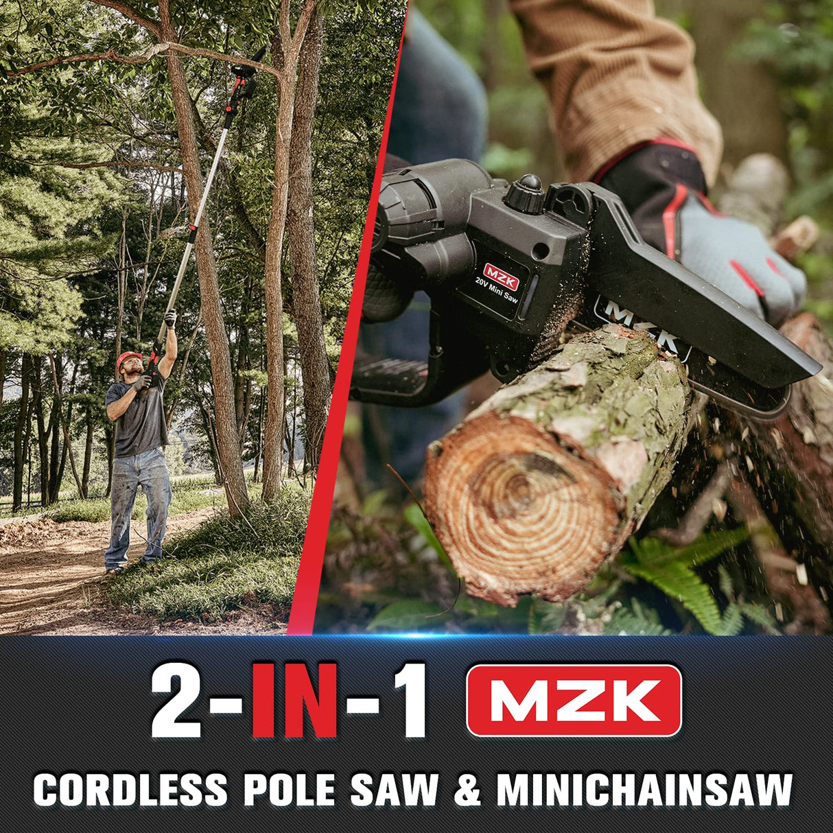 MZK 2-in-1 Cordless Pole Saw & Mini Chainsaw with 3 Replacement Chain, 20V Battery Pole Chainsaw, 4.5" Cutting Capacity, 13ft Reach Pole Saw for Tree MZK