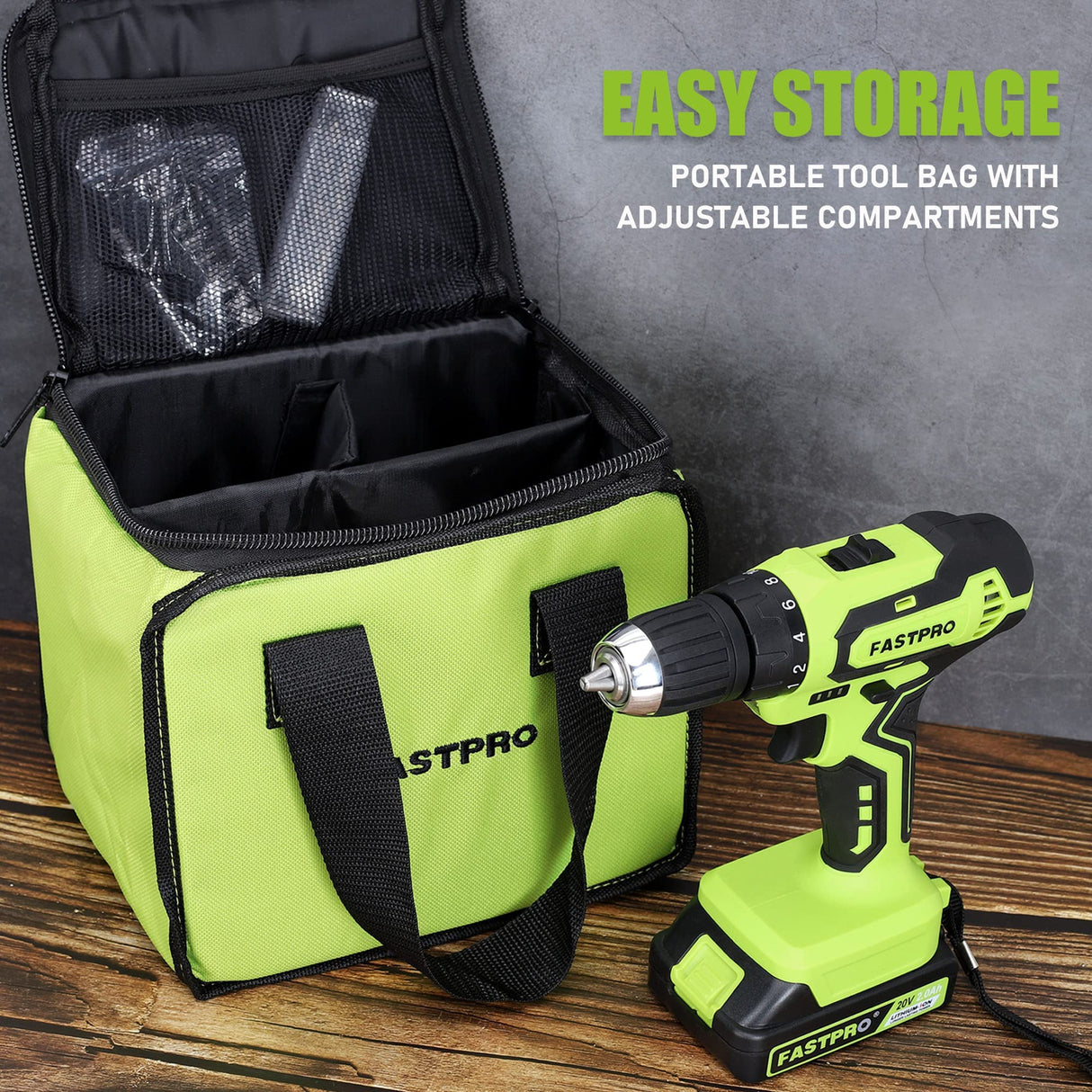 FASTPRO 20V Max Cordless Drill set, 3/8 in. Power Drill Driver kit with One 1.5 Ah Lithium-ion Batteries, Charger and Tool Bag, Green FASTPRO
