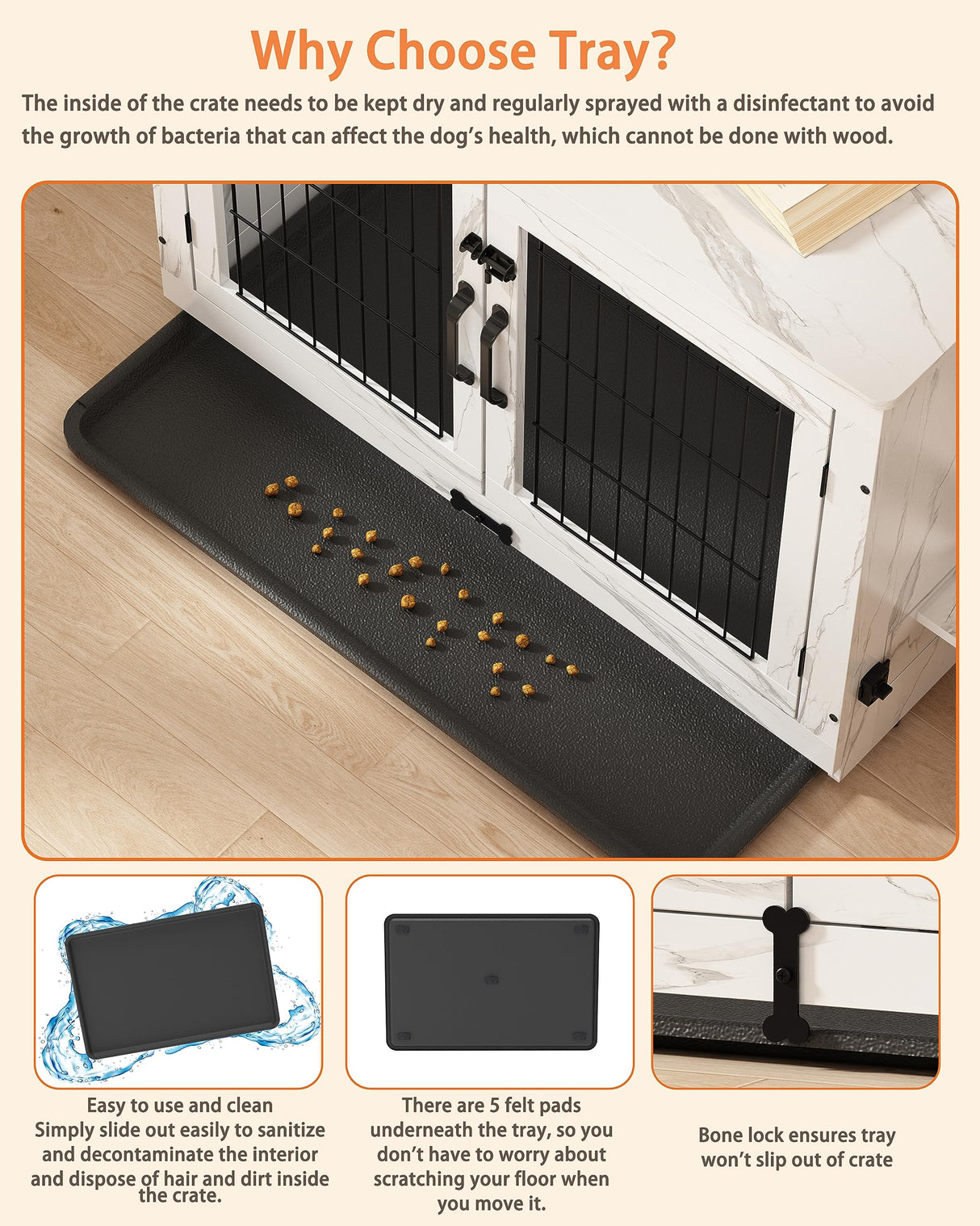 Piskyet Wooden Dog Crate Furniture with 360°Rotatable Removable Dog Bowls, Dog Crate End Table with Tray, Double Doors Dog Kennels for Medium Dogs Piskyet