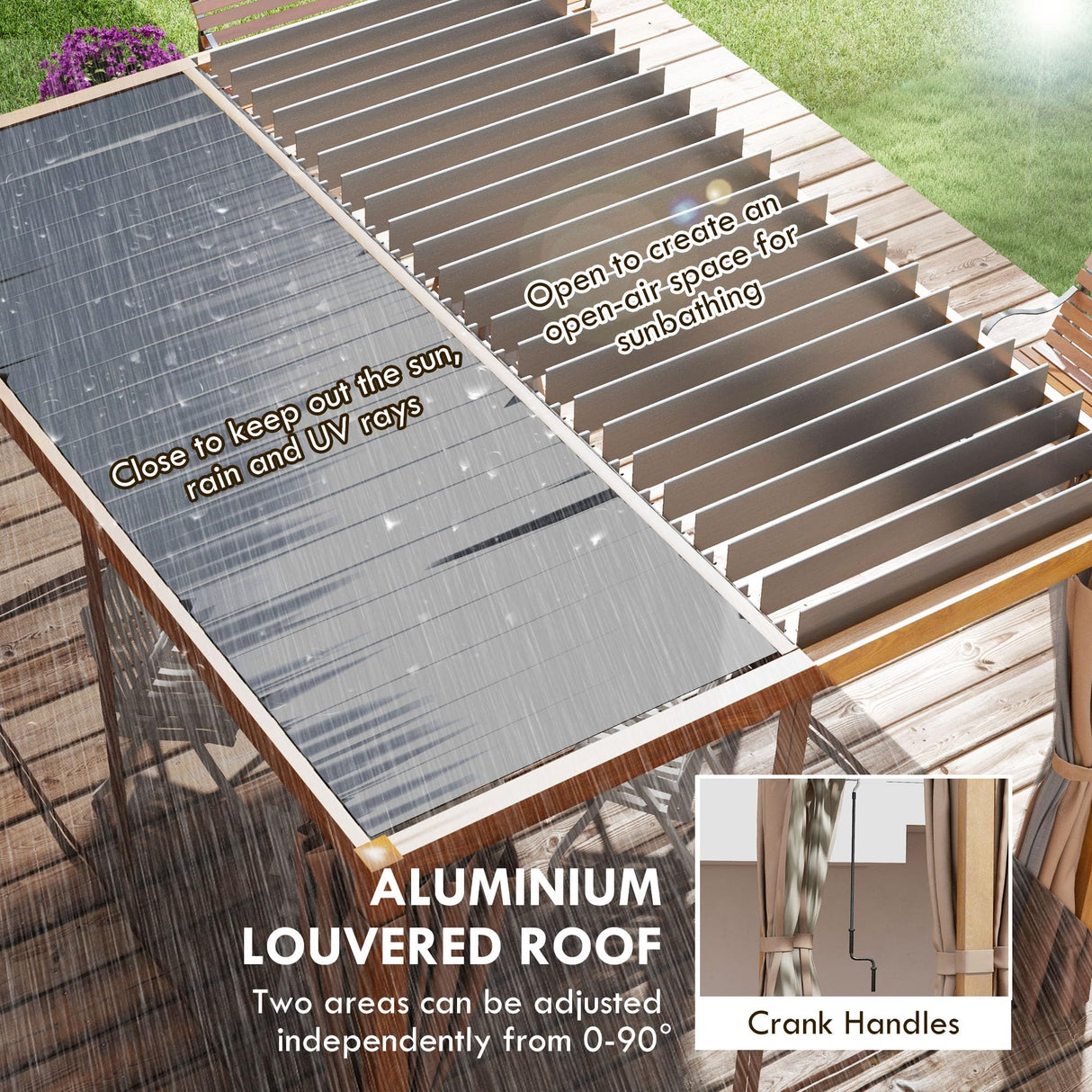 Outsunny 10' x 13' Louvered Pergola Hardtop Gazebo with Adjustable Aluminum Roof and Frame, Outdoor Pergola with Curtains and Netting, for Garden, Outsunny