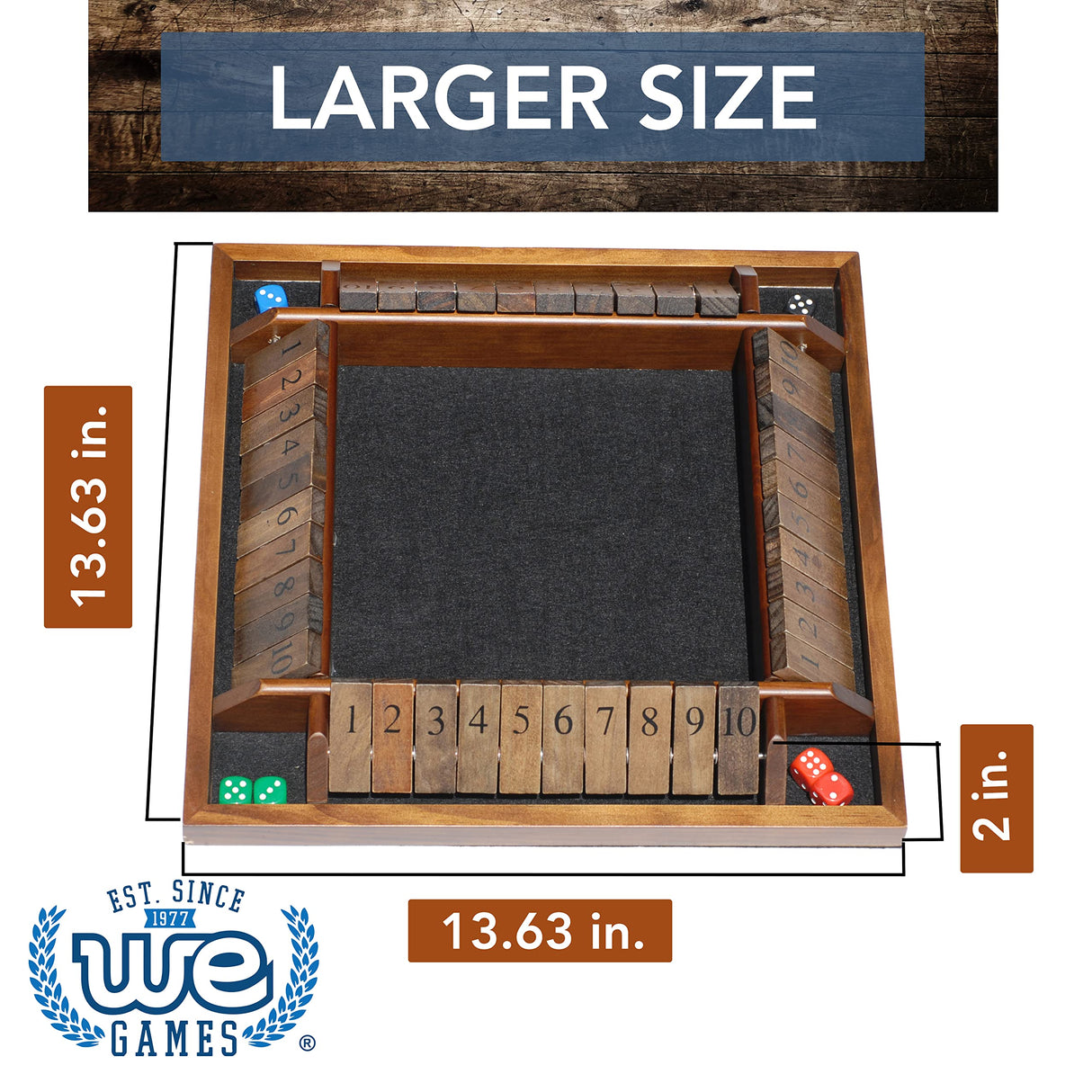 WE Games 14 inch 4-Player Shut The Box Wooden Board Game, Walnut Stain WE Games