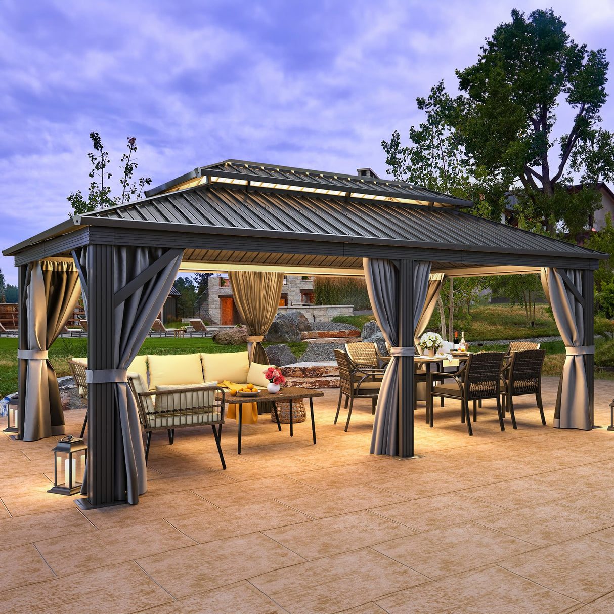 YITAHOME 12x20ft Hardtop Gazebo with Nettings and Curtains, Heavy Duty Double Roof Galvanized Steel Outdoor Combined of Vertical Stripes Roof for YITAHOME