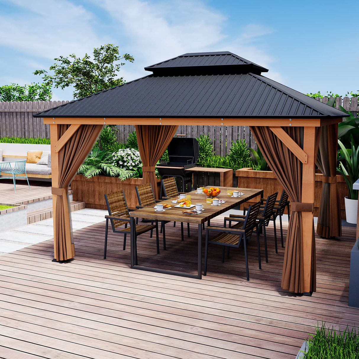 HAPPATIO 11' × 13' Wood Gazebo, Outdoor Hardtop Gazebo with Mosquito Netting and Curtains, Double Metal Roof Patio Gazebo Hard Top Gazebo for Garden, HAPPATIO