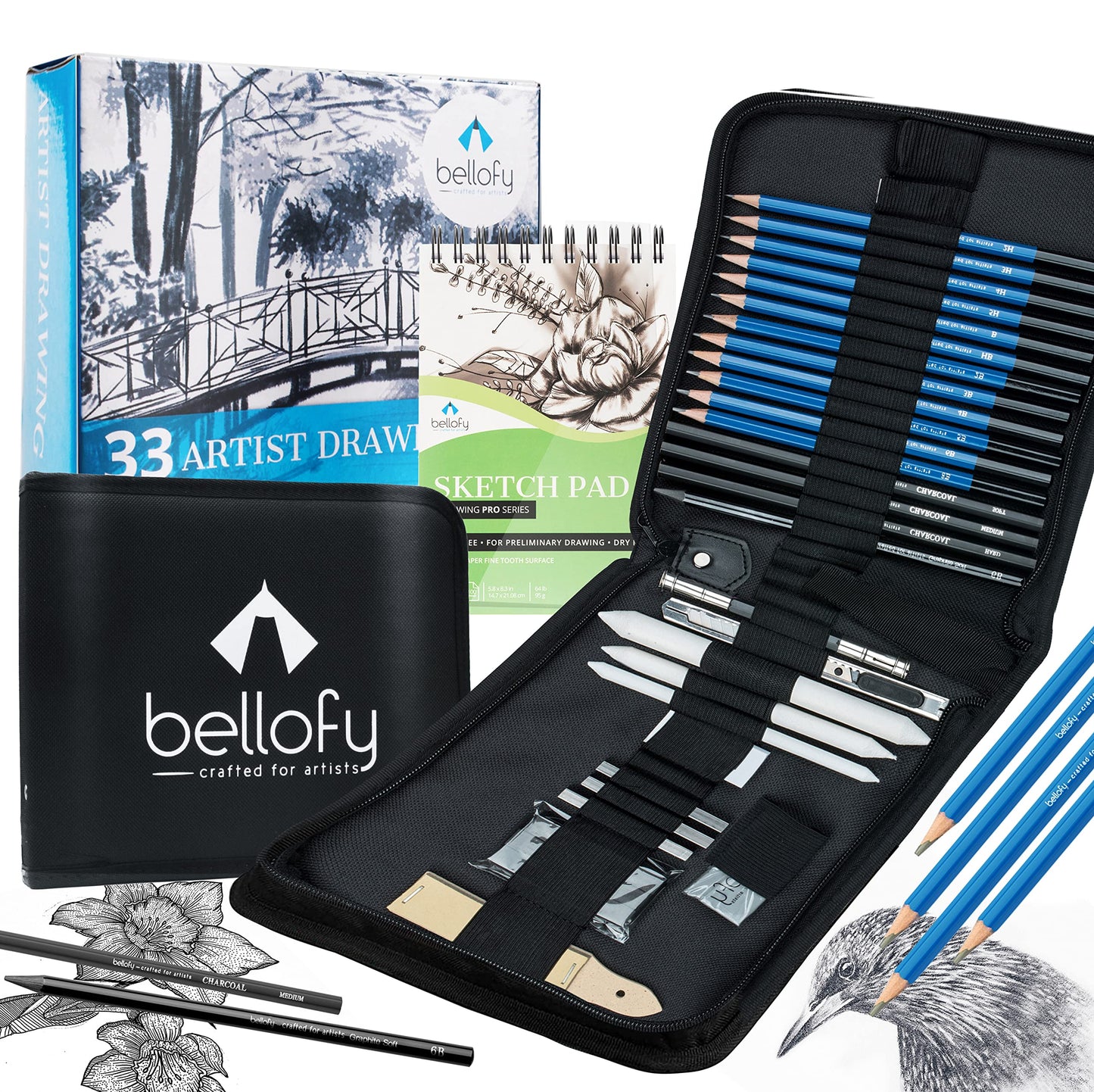 Bellofy 33 pack Drawing Kit with 100 Sheets Pad | Drawing Kit for Adults comes with Sketch Supplies for Kids, Beginners & Artists | Drawing Set