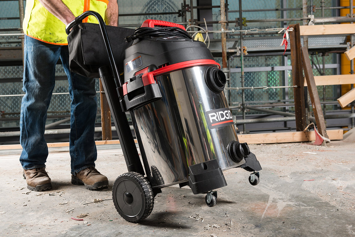 RIDGID 50353 1610RV Stainless Steel 16-Gal. Wet Dry Shop Vacuum with Cart, 6.5 Peak HP Motor, Large Wheels, Pro Hose, Drain, and Blower Port, Red RIDGID