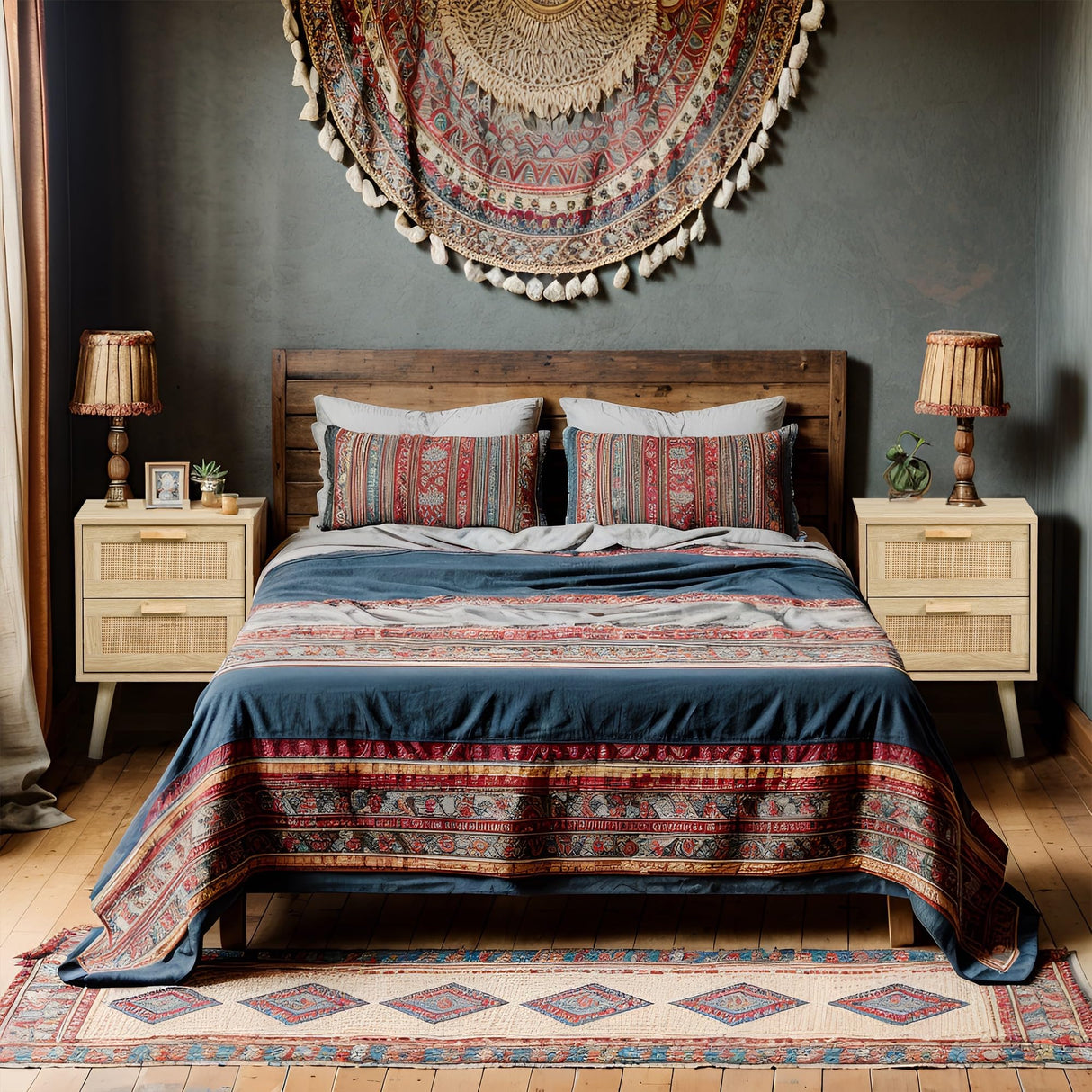 Finnhomy Nightstand, End Table, Side Table with 2 Hand Made Rattan Decorated Drawers, Nightstands Set of 2, Wood Accent Table with Storage for Finnhomy