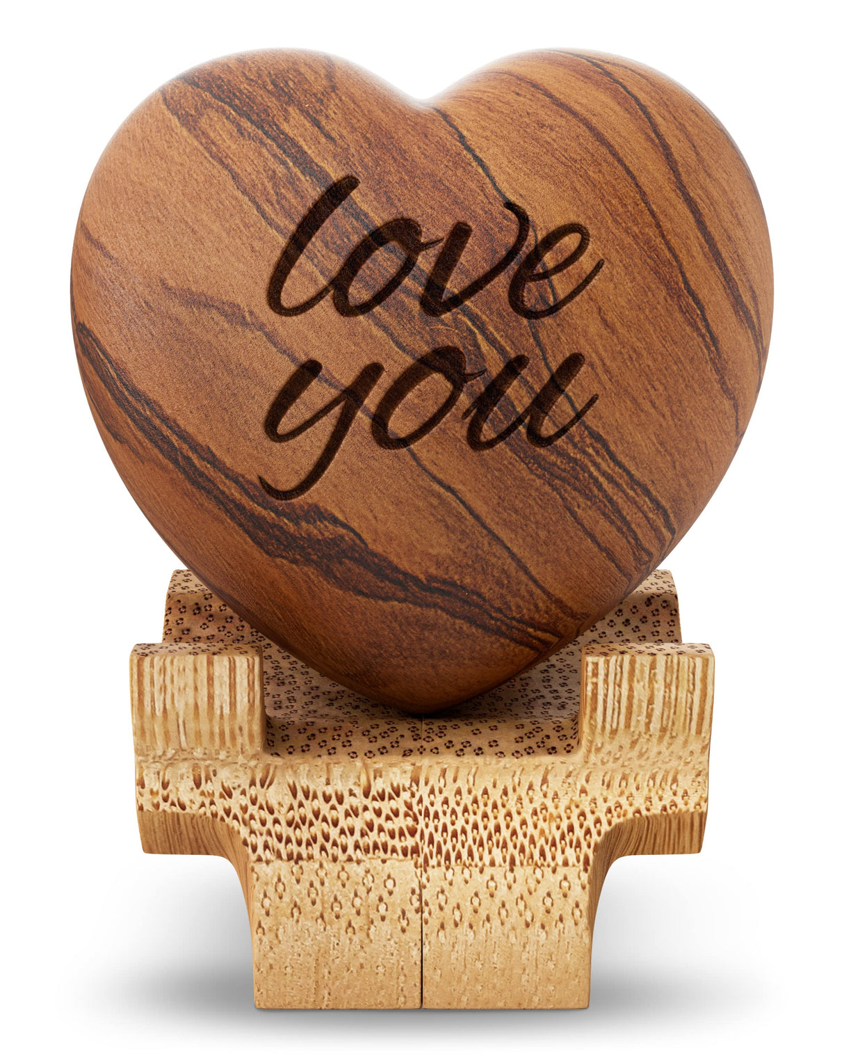 Carved Wooden Heart Shape Gifts - Love You - Engraved Olive Wood with Bamboo Stand - 5 Year Wooden for Her or Him - Christmas, Valentine's Day, Harmony Tree Collections