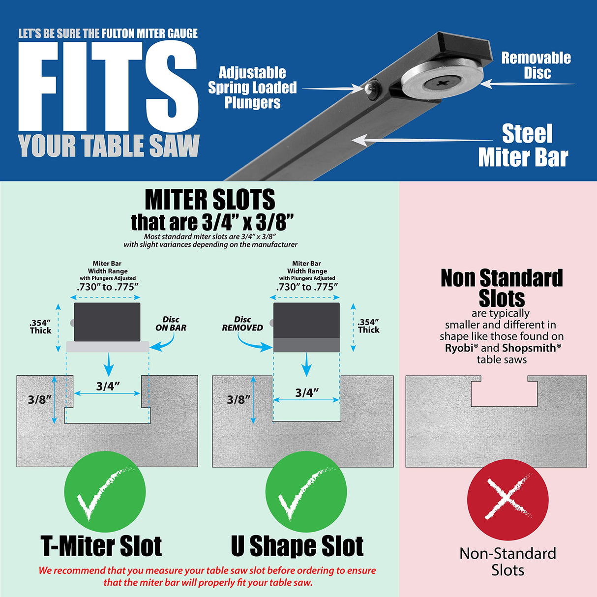Fulton Precision Miter Gauge with a Standard Slot (3/4” x 3/8”) Steel Bar with Adjustable Spring Loaded Plungers and Removable Retaining Disc Fulton