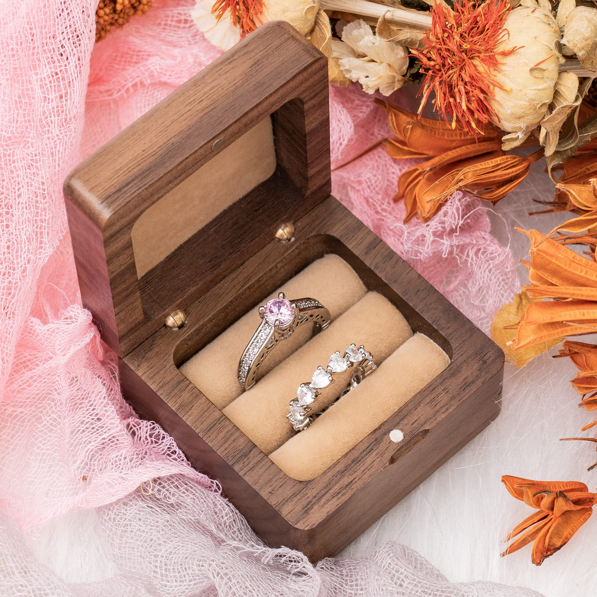 KWOOD Custom Wedding Ring Box, Wooden Ring Box, Square Double Ring Box, Engagement Ring Box, Ring Box Holder, Proposal Ring Box, Wedding Ring Box KWOOD