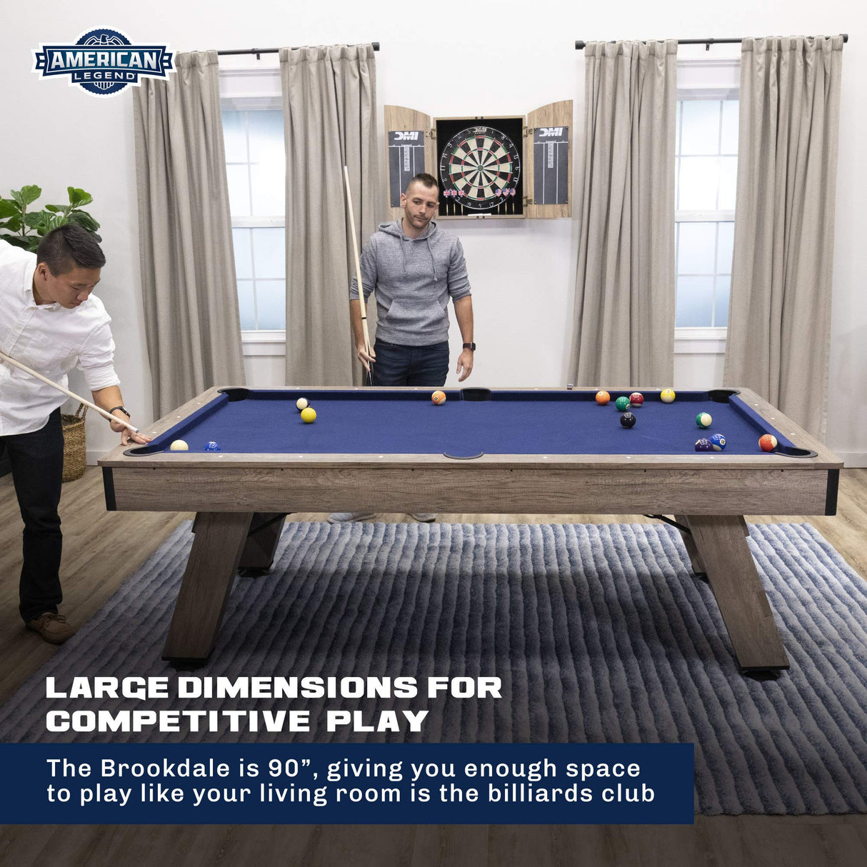 American Legend Brookdale 90” Billiard Table with Rustic Wood Finish and Navy Blue Cloth American Legend