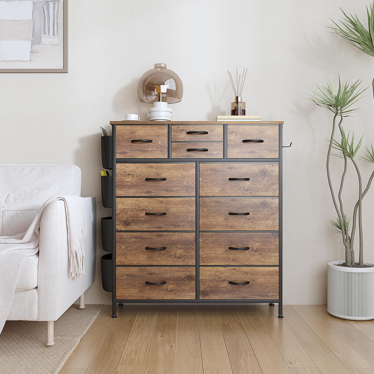 Lulive Dresser for Bedroom with 12 Drawers, Tall Dresser Chest of Drawers with Side Pockets and Hooks, Fabric Dresser Storage Tower for Closet, Lulive