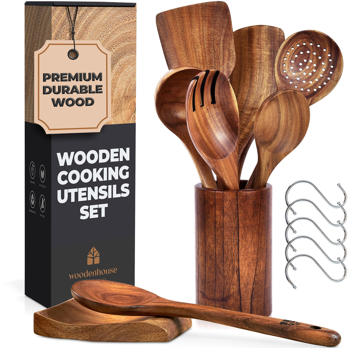Wooden Spoons for Cooking – Wooden Utensils for Cooking Set with Holder, Spoon Rest & Hanging Hooks, Teak Wood Nonstick Kitchen Cookware – Durable WOODENHOUSE LIFELONG QUALITY