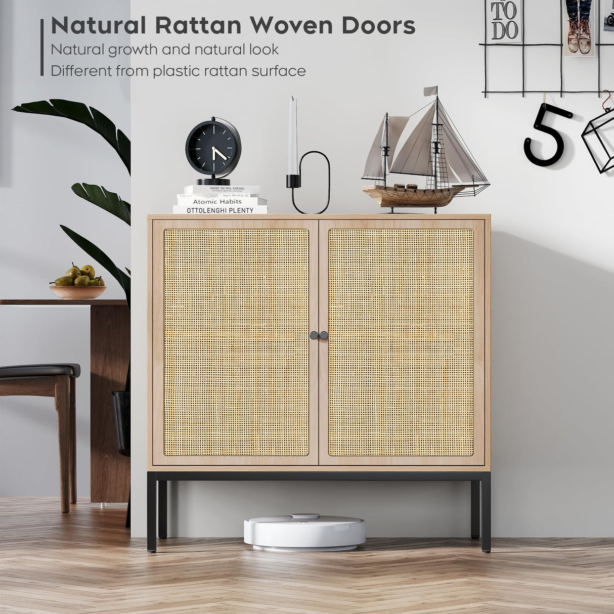 Brafab Set of 2 Sideboard Buffet Cabinet with Storage, Sideboard Cabinet with Natural Rattan Decorated Doors, Rattan Cabinet, for Living Room, Brafab