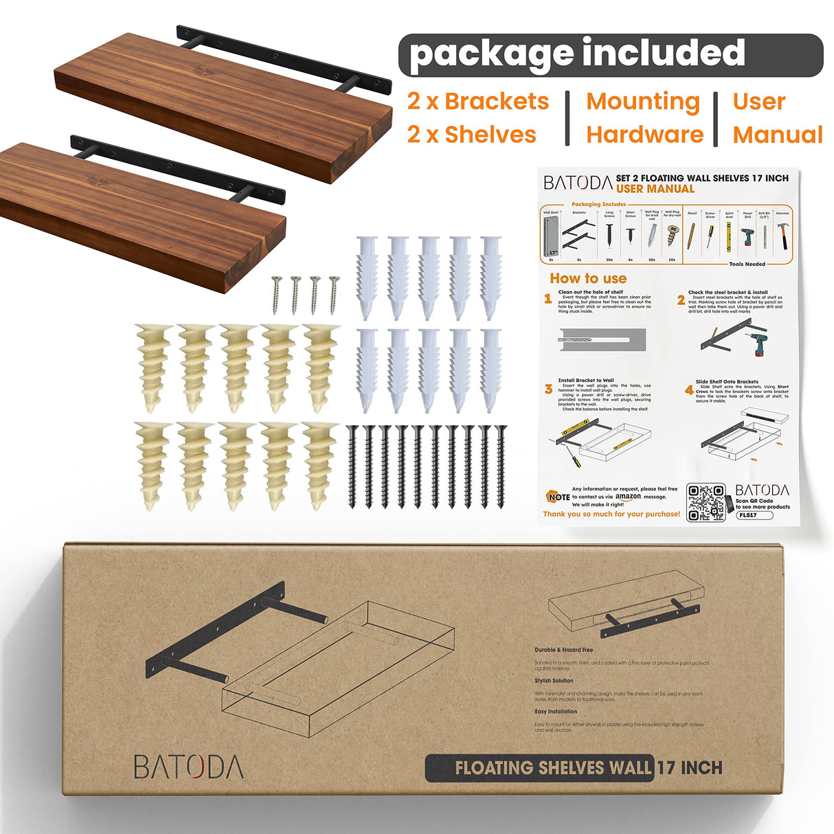 BATODA Set of 2 17" Acacia Wood Floating Shelves Wall Mounted – Rustic Farmhouse Wooden Wall Storage Shelf for Bedroom, Kitchen, Home Décor - BATODA