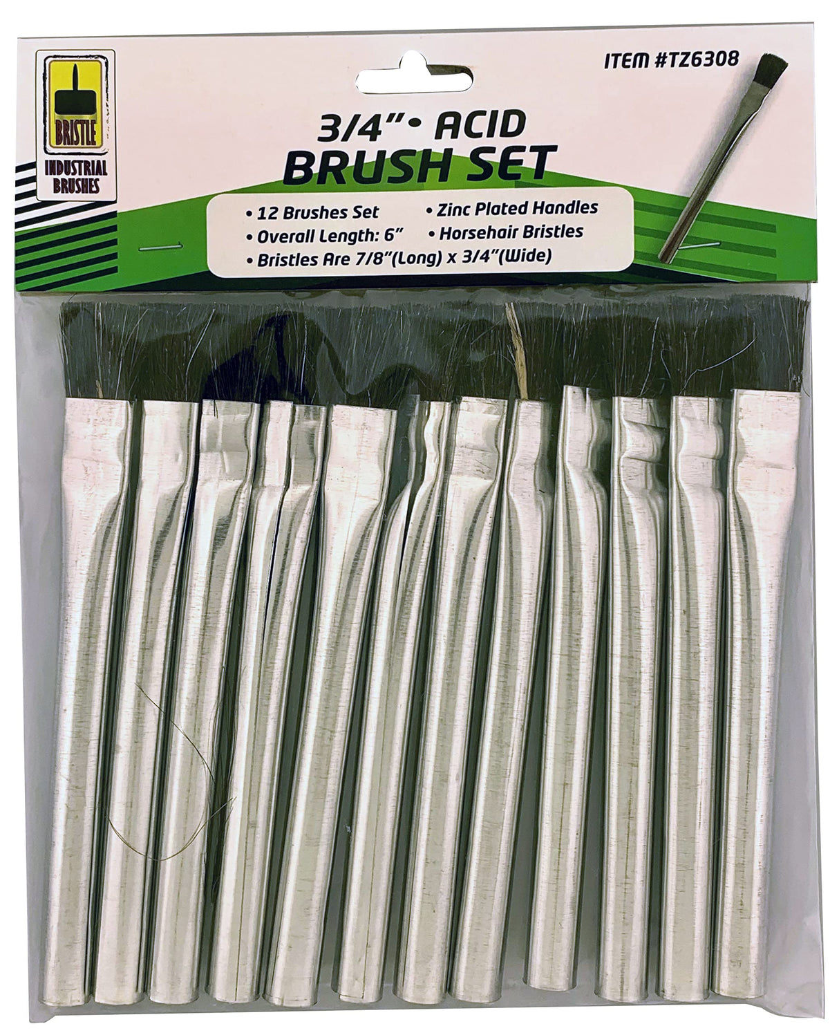 BRISTLE INDUSTRIAL BRUSHES 12 Pc Acid Brushes Set | Lightweight Aluminum Handles | 3/4" (1.9 cm) Width | Ideal for Caustic Substances, Glues, Sealers BRISTLE INDUSTRIAL BRUSHES