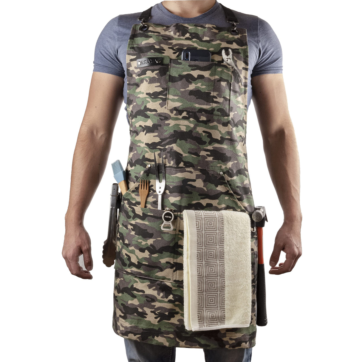 Asaya Chef, BBQ and Work Apron with Bottle Opener and Hand Towel - Durable 10oz Cotton Canvas, Brass Hardware and Cross Back Straps - For Men, Women, Asaya
