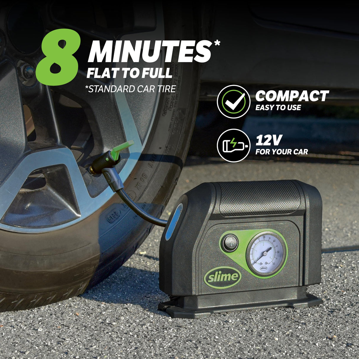 Slime 40050 Tire Inflator, Portable Car Air Compressor, with Analog 100 psi Dial Gauge, Long Hose and LED Light, 12V, 8 min Inflation Slime