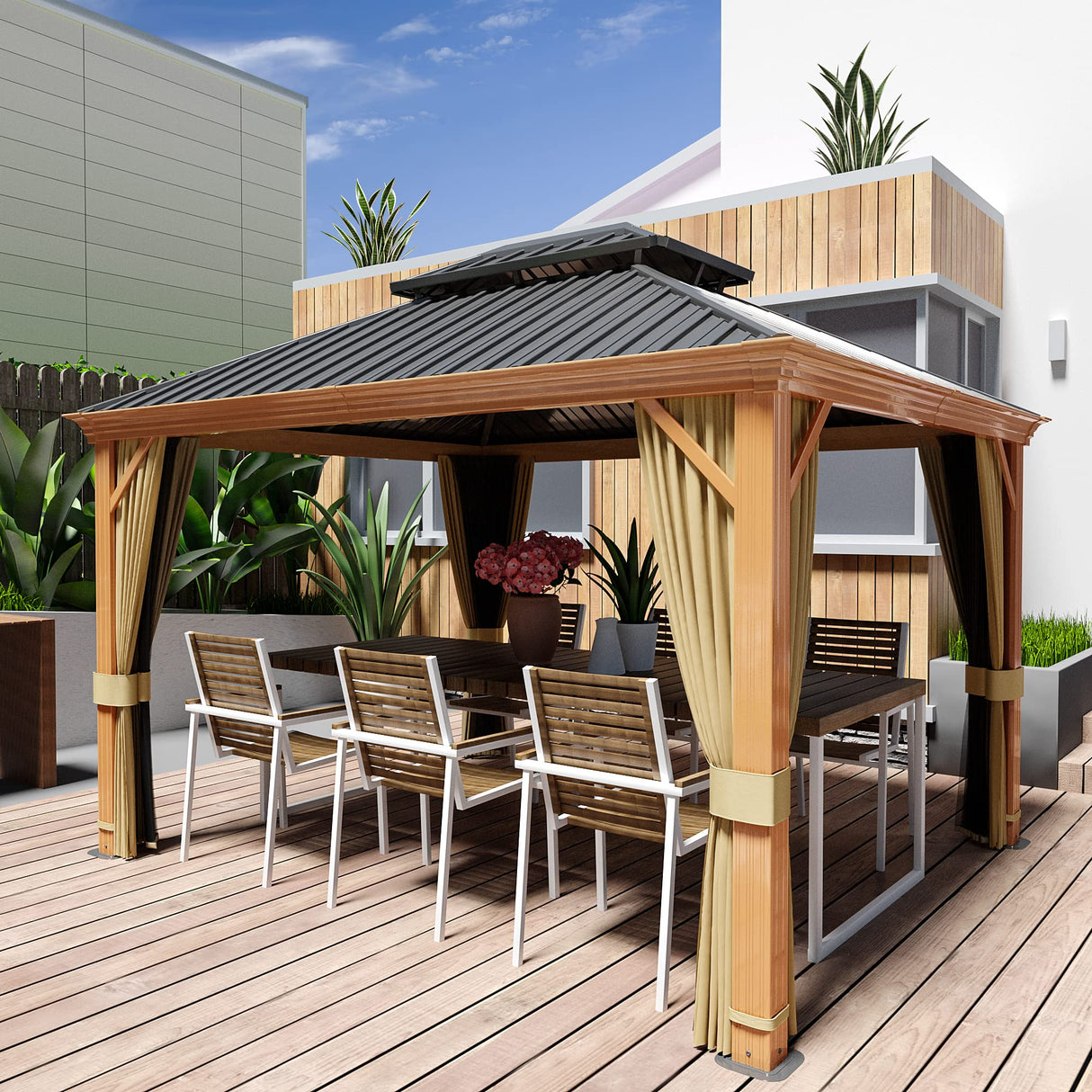 HAPPATIO 10' x 12' Hardtop Gazebo, Outdoor Wood Grain Frame Aluminum Gazebo with Galvanized Steel Double Roof,Patio Gazebo Canopy with Netting and HAPPATIO