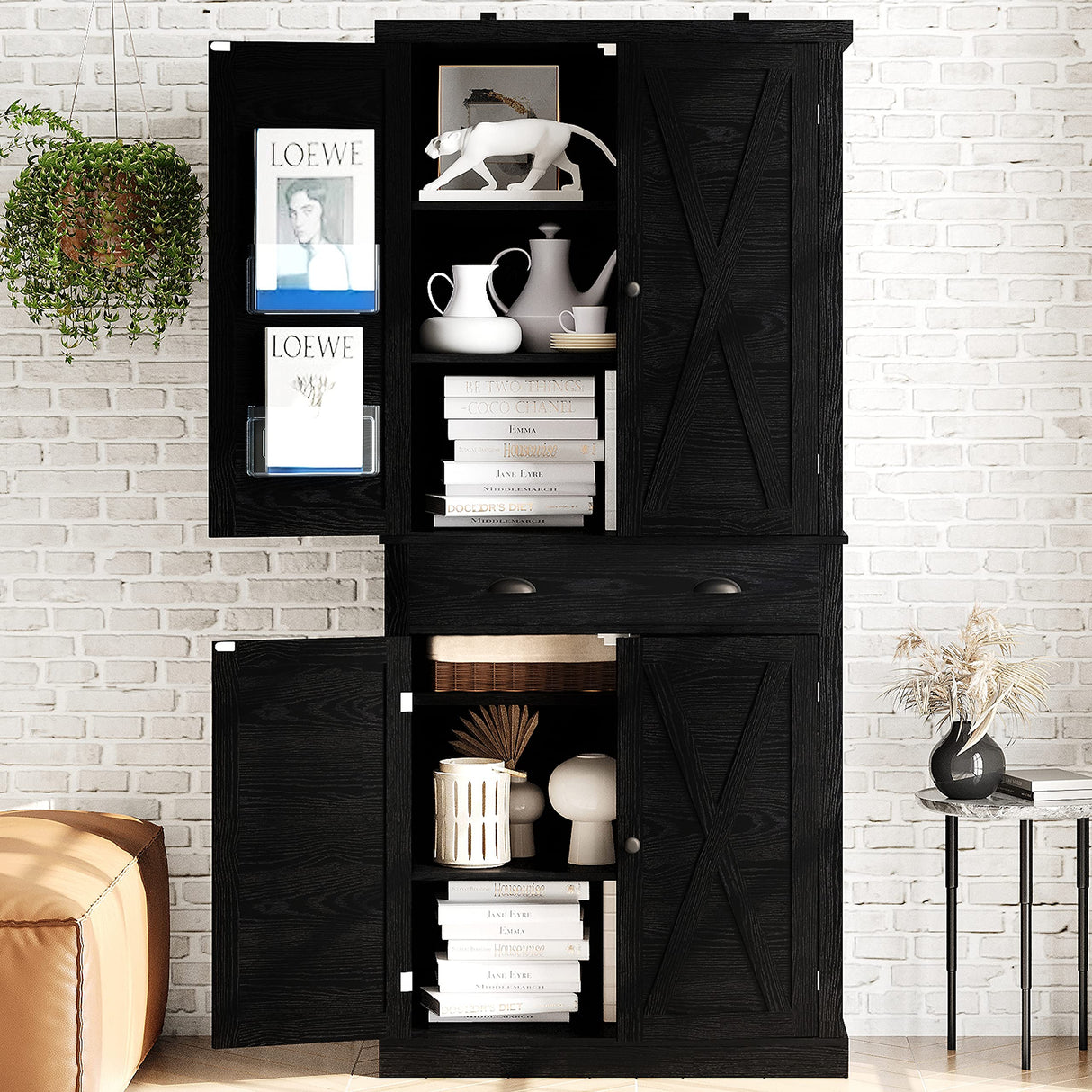 IRONCK Kitchen Pantry 72" Height,Storage Cabinet with Drawer, 4 Adjustable Shelves, Barn Doors, Freestanding Cupboard, Black IRONCK