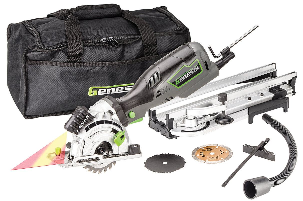 Genesis GPCS535CK 5.8 Amp 3 1/2” Control Grip Plunge Compact Circular Saw Kit with Laser, Miter Base, 3 Assorted Blades, Vacuum Adapter Hose, Rip Genesis