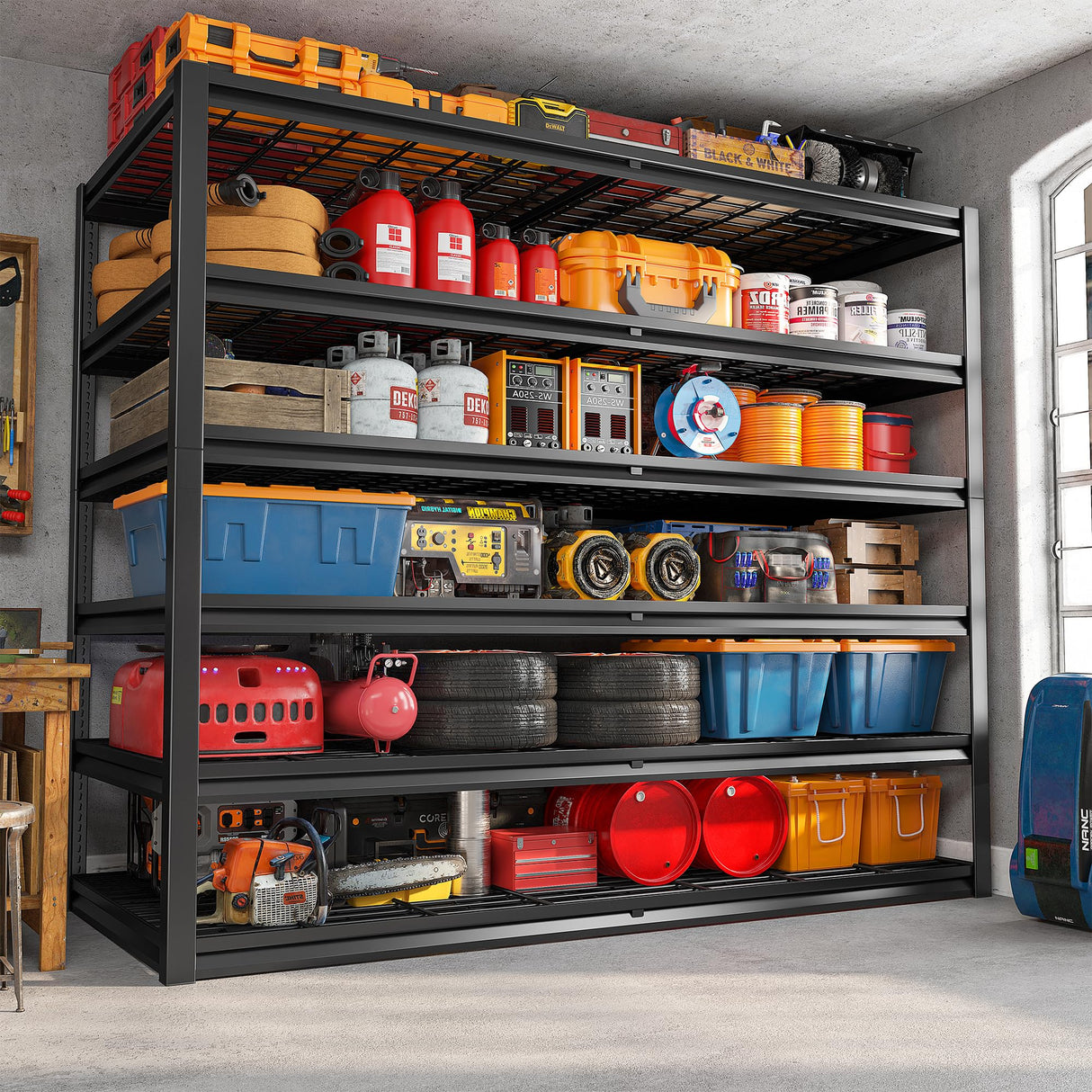 REIBII 55"W Garage Shelving Units and Storage Shelves Heavy Duty Shelving, 3500LBS Garage Storage Shelves 6-Tier Adjustable Metal Shelves for Storage REIBII