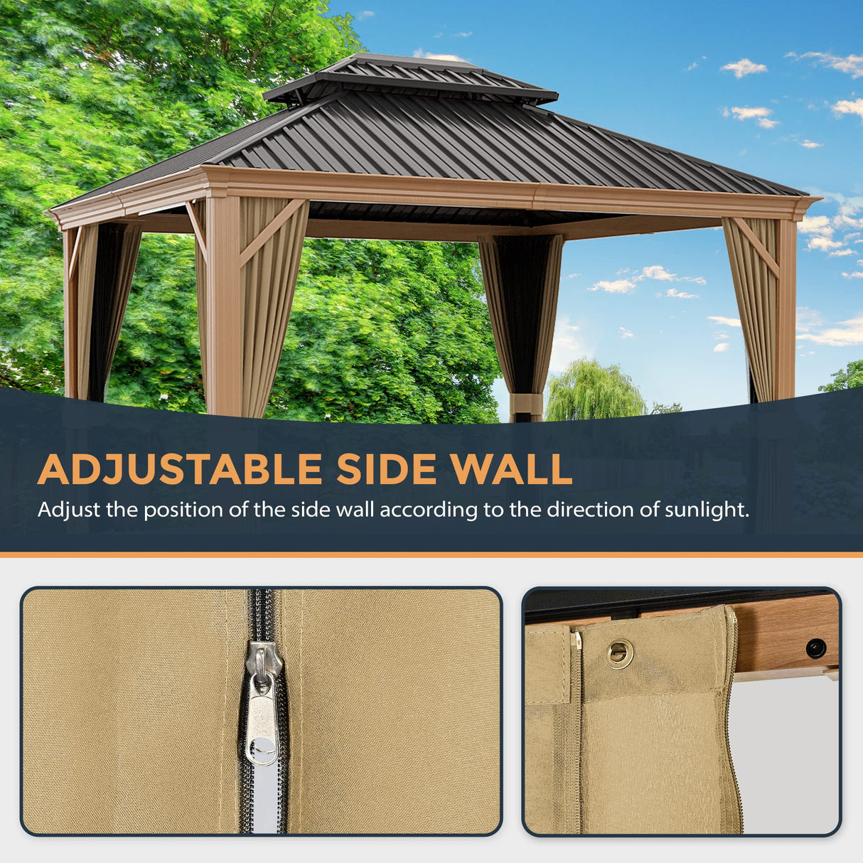 HAPPATIO 10' x 12' Hardtop Gazebo, Outdoor Wood Grain Frame Aluminum Gazebo, Double Roof Permanent Patio Gazebo Canopy with Netting and Curtains for HAPPATIO