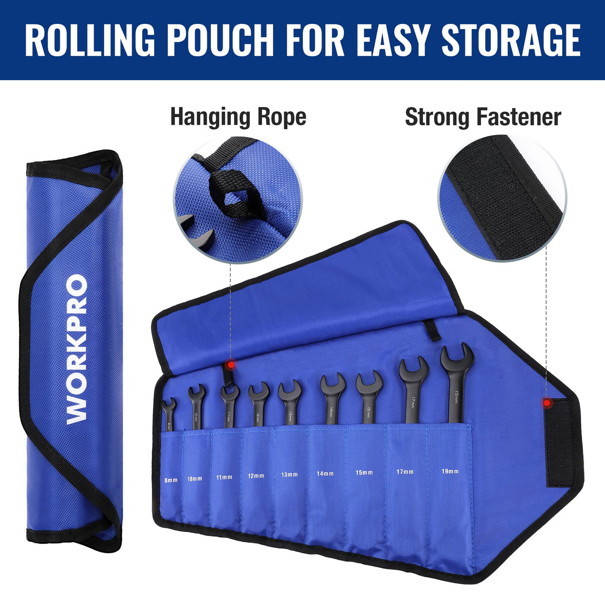 WORKPRO 9-Piece Anti-Slip Ratcheting Combination Wrench Set, Metric 8-19 mm, 72-Tooth, Cr-V Constructed, Black Ratchet Wrenches Set with Roll Up WORKPRO