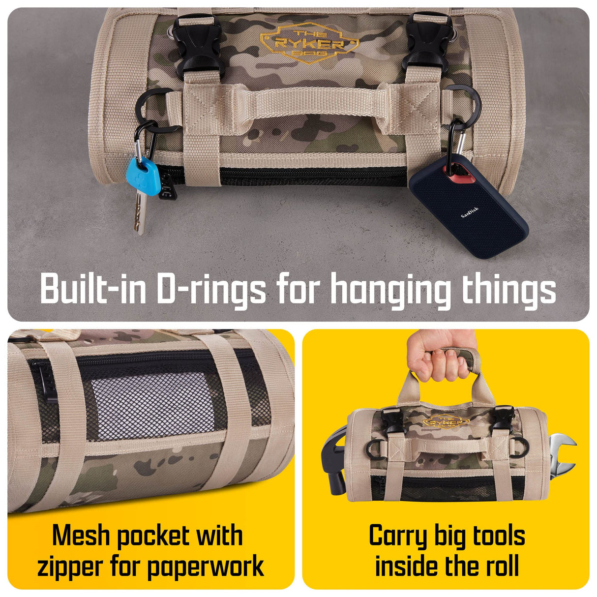 The Ryker Bag Tool Organizer - Small Tool Bag with Zipper, ToolBag W/2 Detachable Pouches - Heavy Duty Roll Up Tool Bag Organizer -Mechanic Tool Bags The Ryker Bag