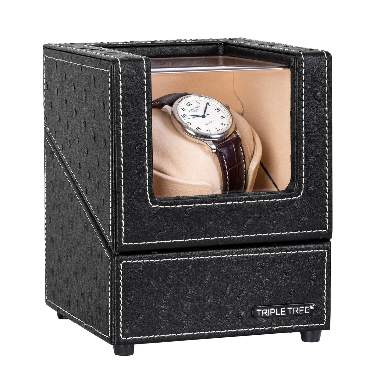 TRIPLE TREE Single Watch Winder Newly Upgraded, with Flexible Plush Pillow, in Wood Shell and Black Leather, Japanese Motor, 4 Rotation Mode Setting, TRIPLE TREE