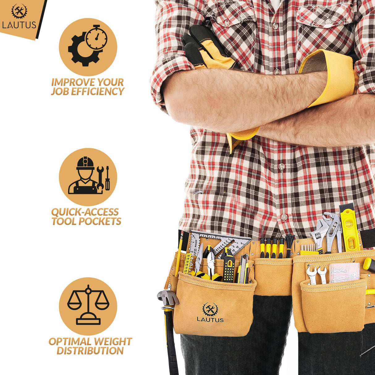 LAUTUS Suede Tool Belt/Pouch/Bag/Work Apron | Carpenter, Construction, Framers, Electrician |11 Pockets | Adjustable Double Pronged Belt | 2 Hammer LAUTUS