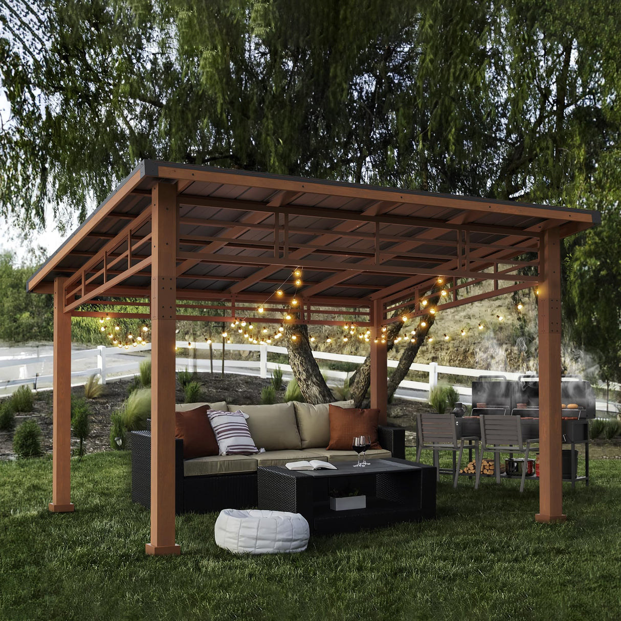LUE BONA 12x14 Hardtop Gazebo, Outdoor Pergola Metal Roof Gazebo with Wooden Frame, Patio Gazebo Canopy with Curtains, Permanent Pavilion Grill LUE BONA