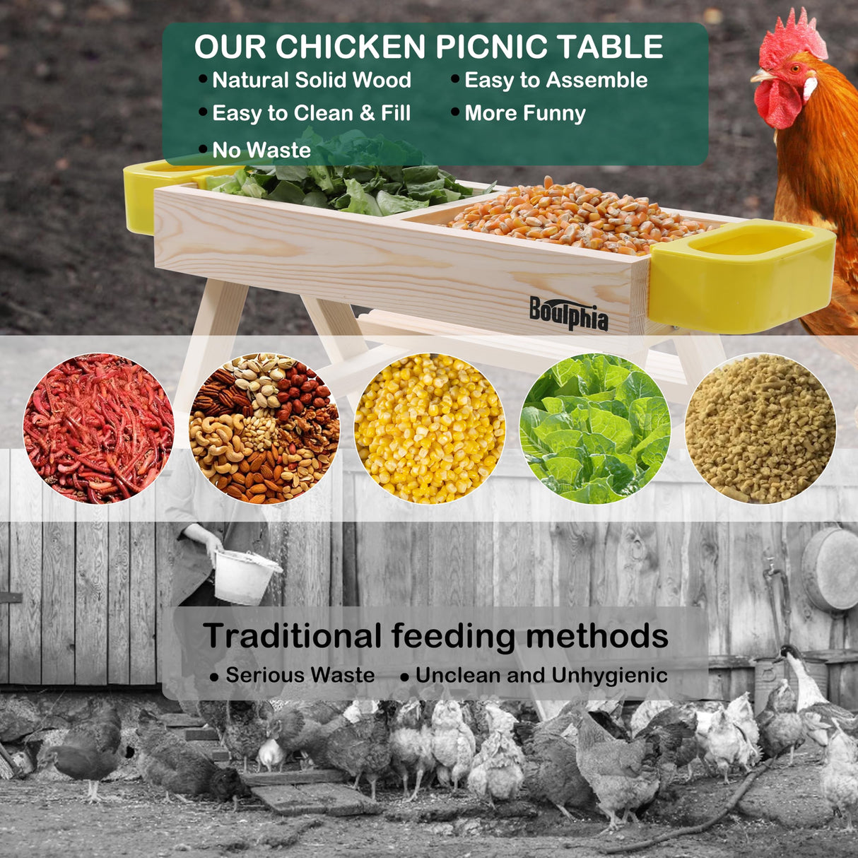 Boulphia Chicken Feeders and Waterers, Chicken Feeder No Waste Kit with Chicken Picnic Table and 2 Chicken Water Feeder, Handmade Wooden Chicken Boulphia