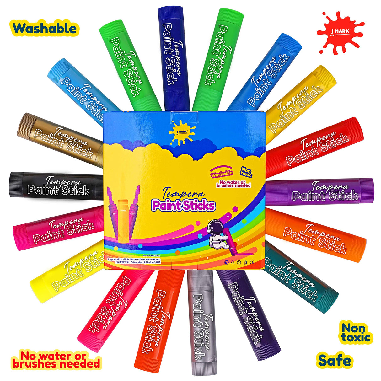 J MARK Solid Tempera Paint Sticks - Including Painting Book and Stencils, Set of Paint Sticks for Kids Washable- Tempera Sticks J MARK