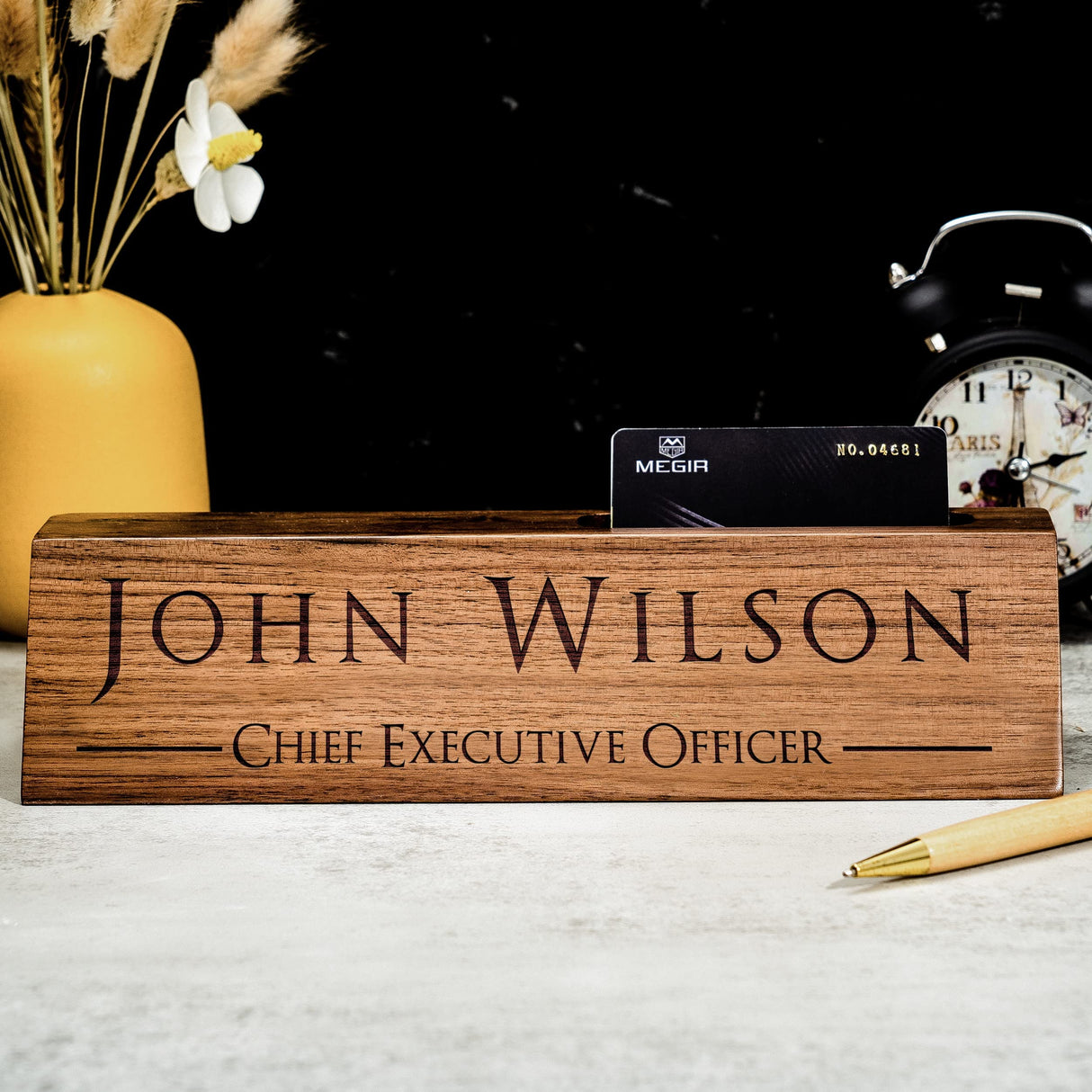 Personalized Wood Desk Name Plates, Custom Engraving Name Plates with Business Card Holder for Desks, Office Gift for Boss Teacher CEO Coworker, Man KWOOD