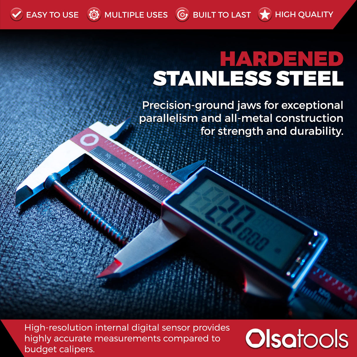 Olsa Tools Digital Caliper Measuring Tool - Inches, Fractional Inches, & Millimeters - 0-6 Inches - Stainless Steel Digital Calipers Measuring Tool - Olsa Tools