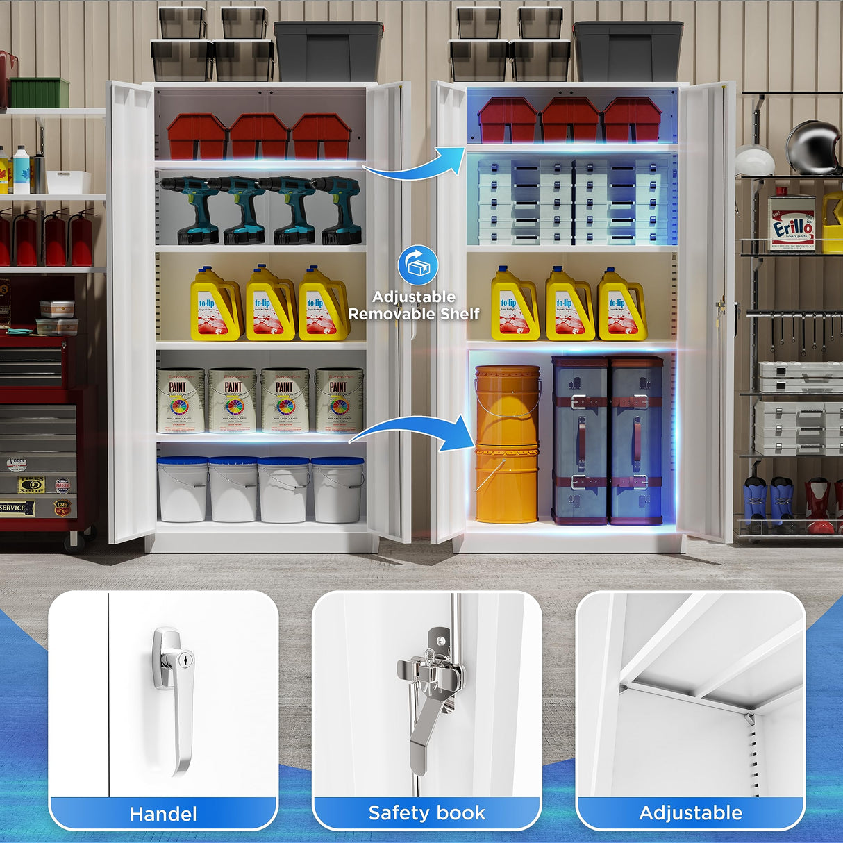 Greenvelly White Metal Storage Cabinet, 72" Locking Storage Cabinets with Doors and 4 Shelves, Tall Tool Storage Cabinet for Garage, Steel Lockable Greenvelly