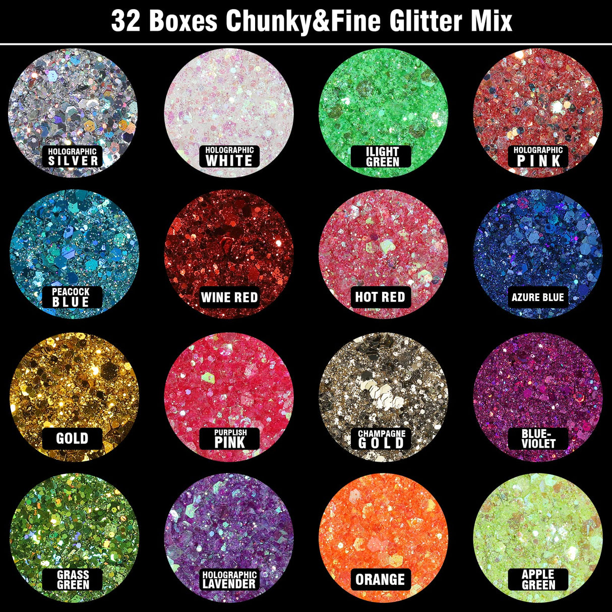 Teenitor Glitter, Rave Festival Chunky and Fine Glitter Mix,32 Colors Iridescent Loose Glitter, Cosmetic Makeup Face Body Hair Glitter Teenitor