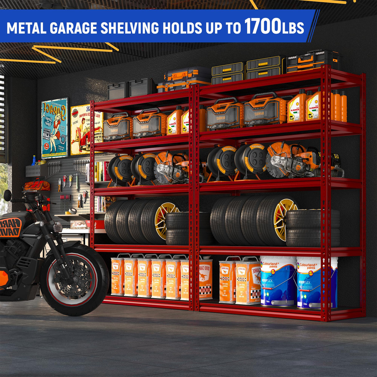 REIBII 72" Garage Shelving Heavy Duty Metal Shelving 1700 LBS Capacity Adjustable 5 Tier Garage Storage Shelves Heavy Duty Shelving, Garage Shelves REIBII