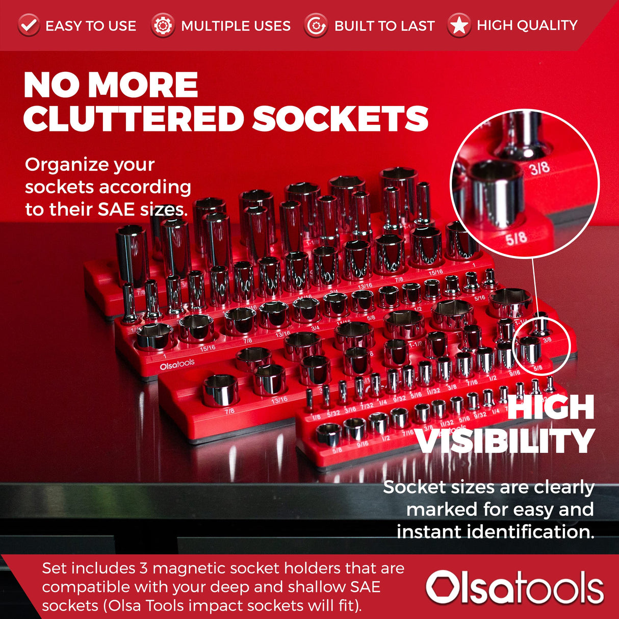 Olsa Tools Magnetic Socket Organizers | 3 Piece Set Socket Holder Kit | 1/2-inch, 3/8-inch, & 1/4-inch Drive | SAE Red | Holds 68 Sockets | Olsa Tools