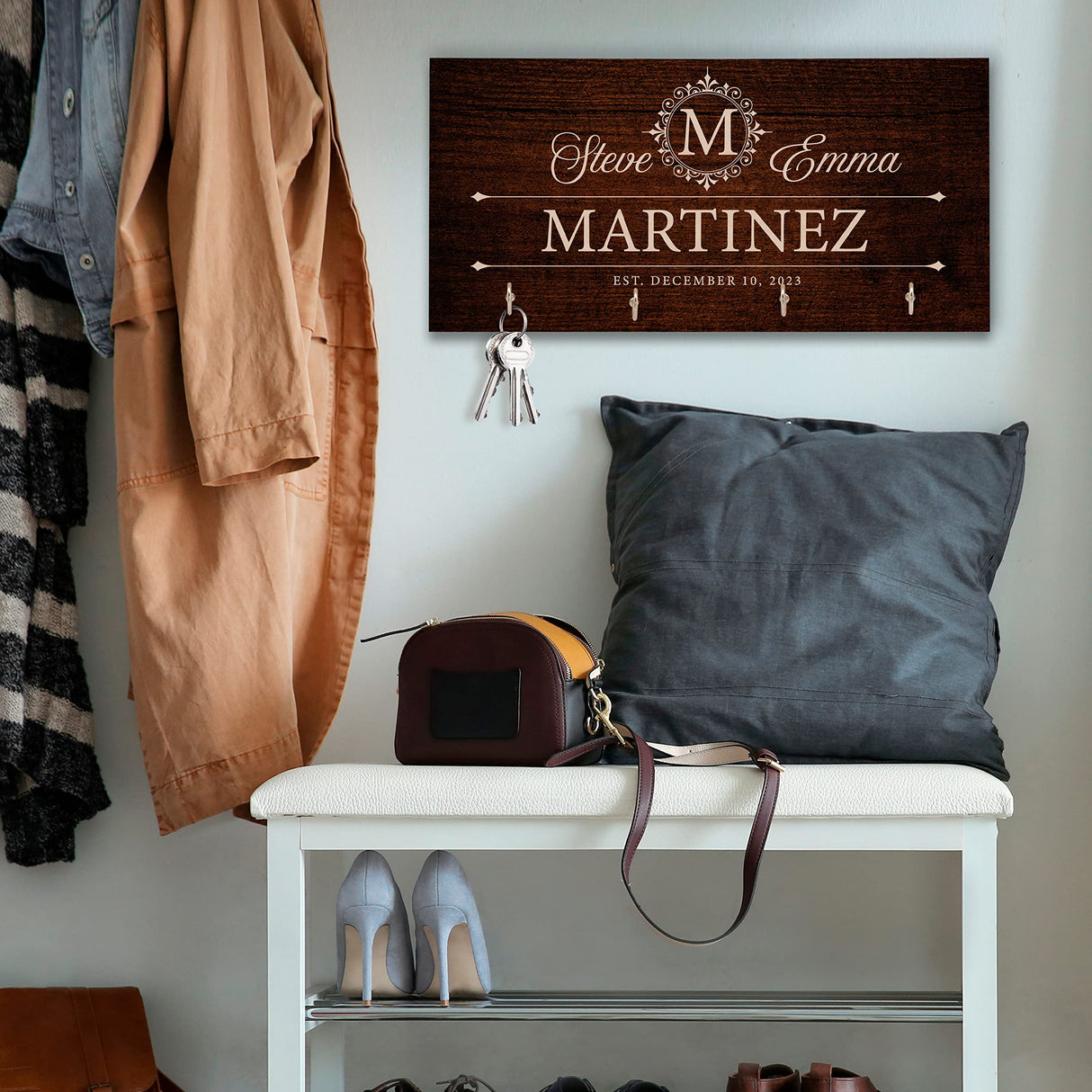 Zexpa Apparel Personalized Wood Key Hook for Couple Mr Mrs Customized Wooden Wall Key Rack, Custom Wedding Date Zexpa Apparel