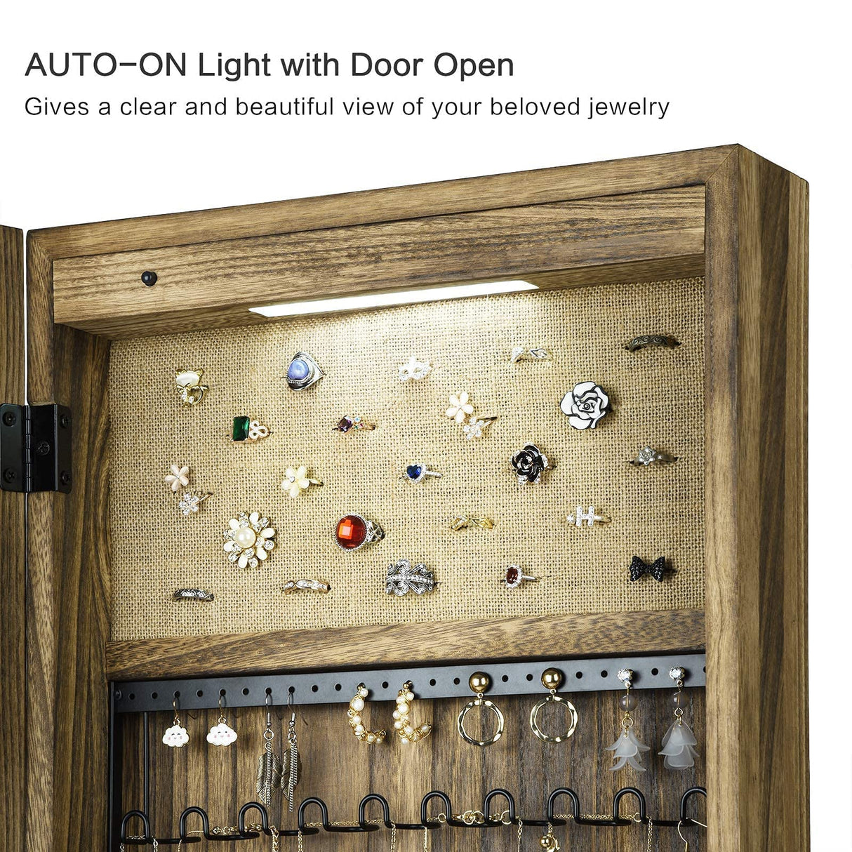 SRIWATANA Jewelry Armoire Cabinet, Solid Wood Jewelry Organizer with Full Length Mirror Wall/Door Mounted(Carbonized Black) SRIWATANA