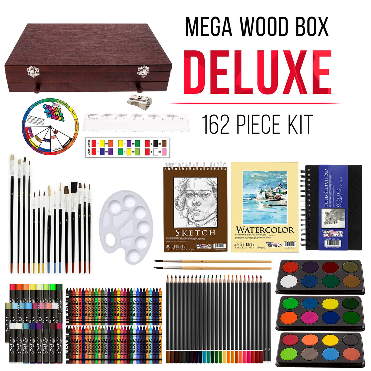 U.S. Art Supply 162-Piece Deluxe Mega Wood Box Art Painting and Drawing Set - Artist Painting Pad, 2 Sketch Pads, 24 Watercolor Paint Colors, 24 Oil U.S. Art Supply