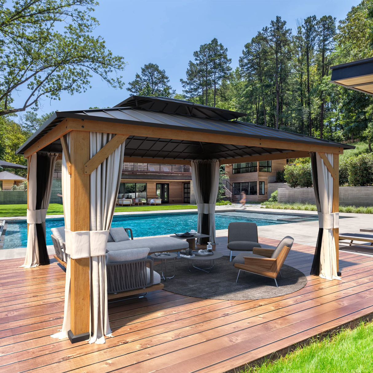 YOLENY 13' x 15' Wood Gazebo, Spruce Frame Outdoor Hardtop Gazebo with Metal Roof, Privacy Curtains and Nettings for Patio, Garden, Backyard YOLENY