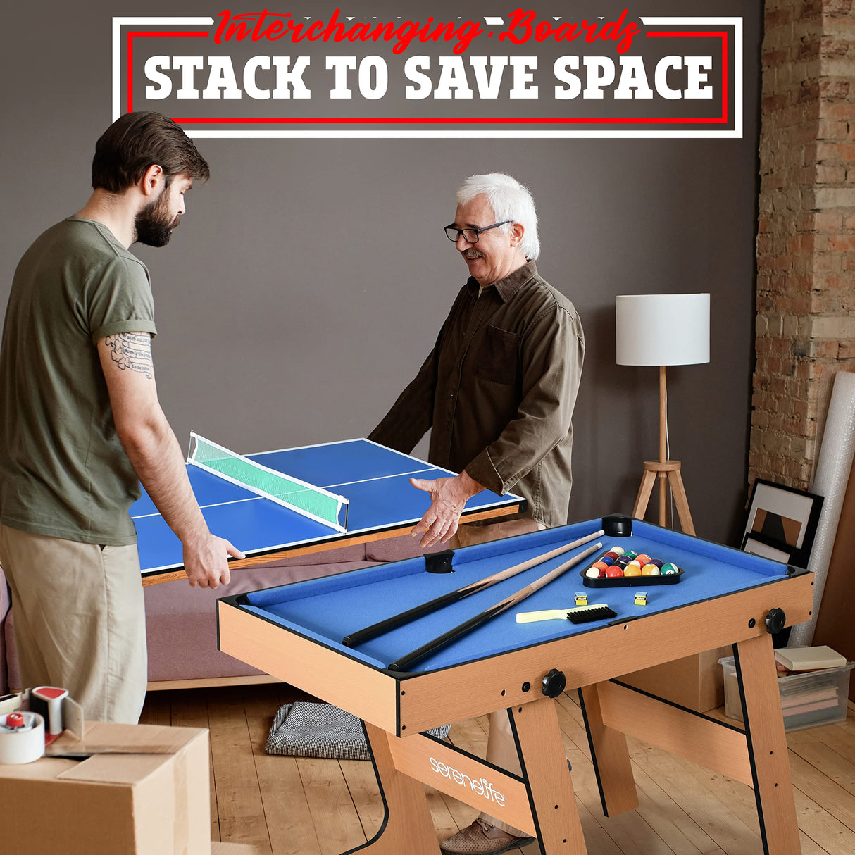 SereneLife Space Saving 5in1 Folding Multi Game Table,40”Full Size Combo Sports Arcade Game with Foosball Soccer,Ping Pong,Pool Billiards,Bowling & SereneLife