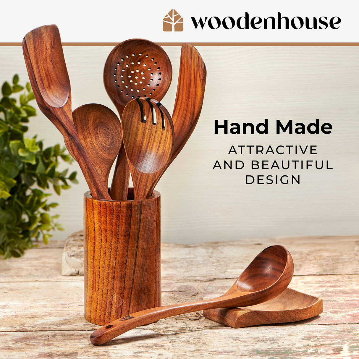 Wooden Spoons for Cooking – Wooden Utensils for Cooking Set with Holder, Spoon Rest & Hanging Hooks, Teak Wood Nonstick Kitchen Cookware – Durable WOODENHOUSE LIFELONG QUALITY